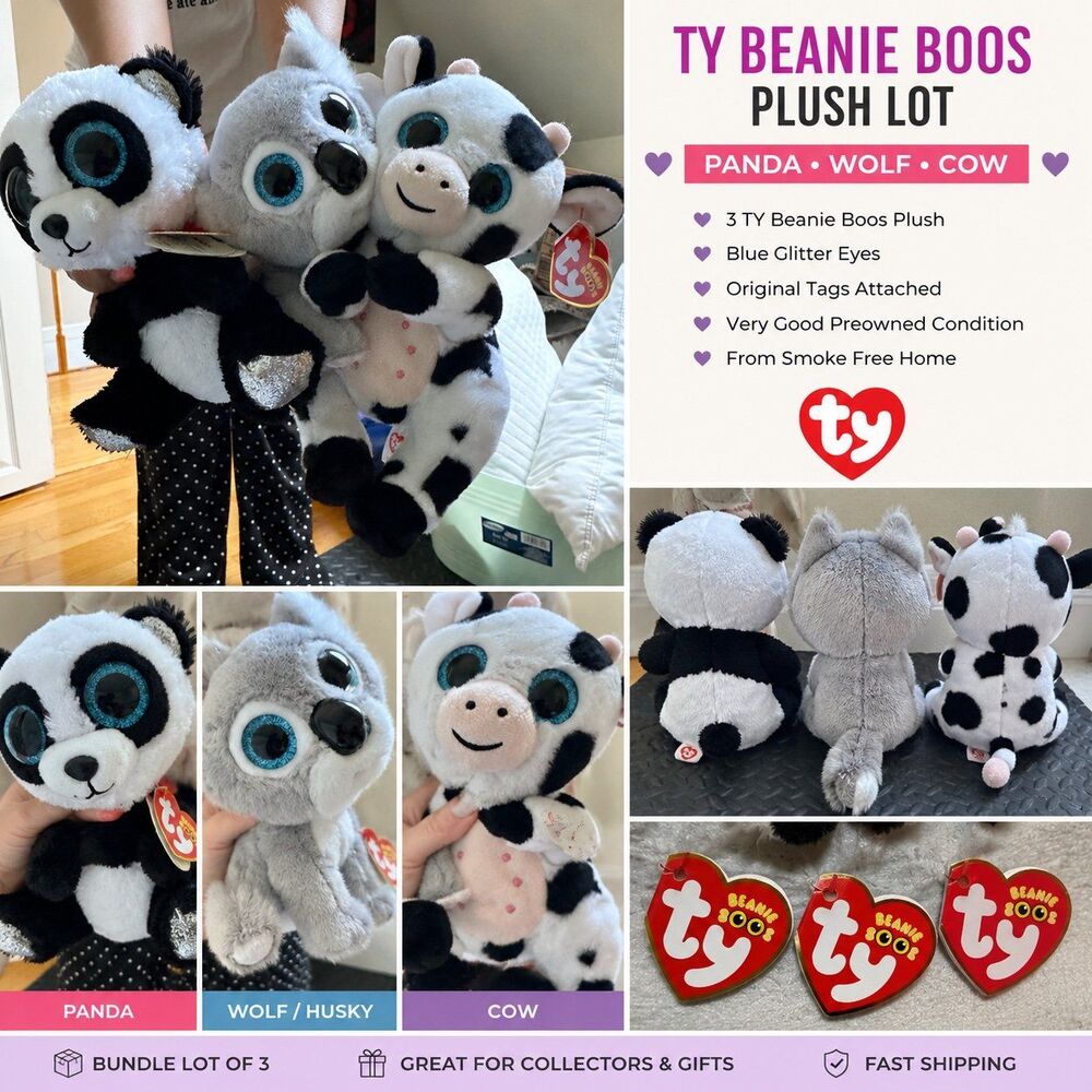 TY Beanie Boos Plush Lot Panda Wolf Cow Blue Eyes With Tags